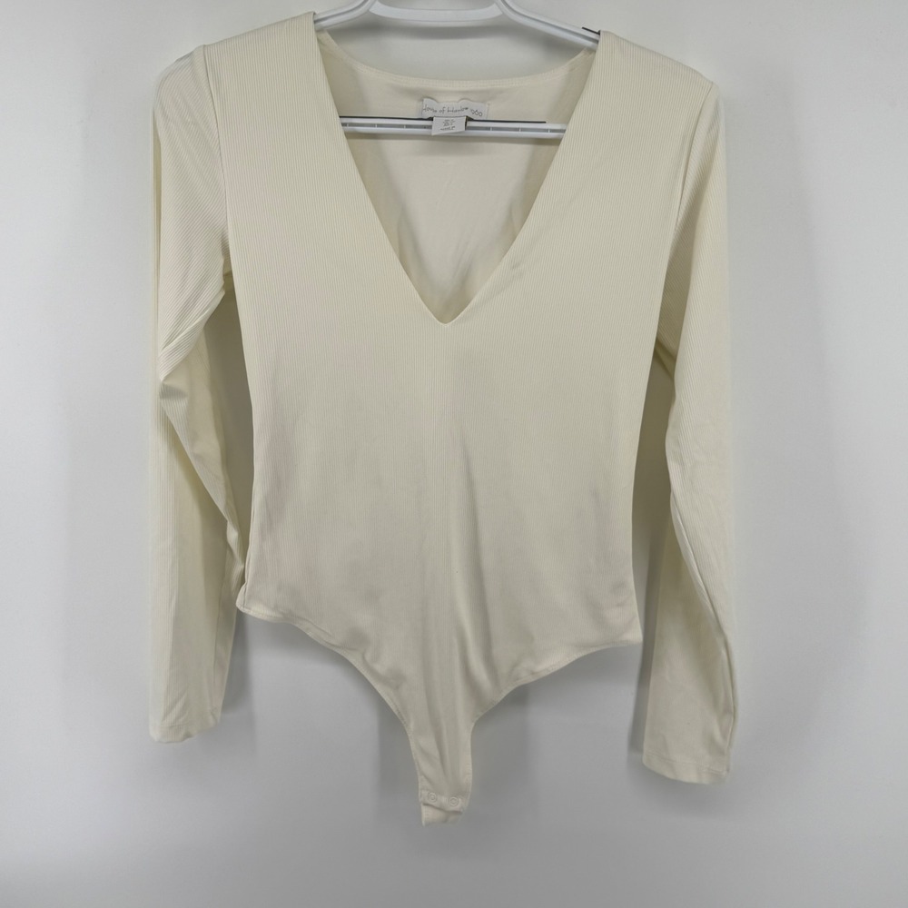 House of Harlow 1960 Womens Ivory Ribbed Deep V-Neck Long Sleeve Bodysuit Small